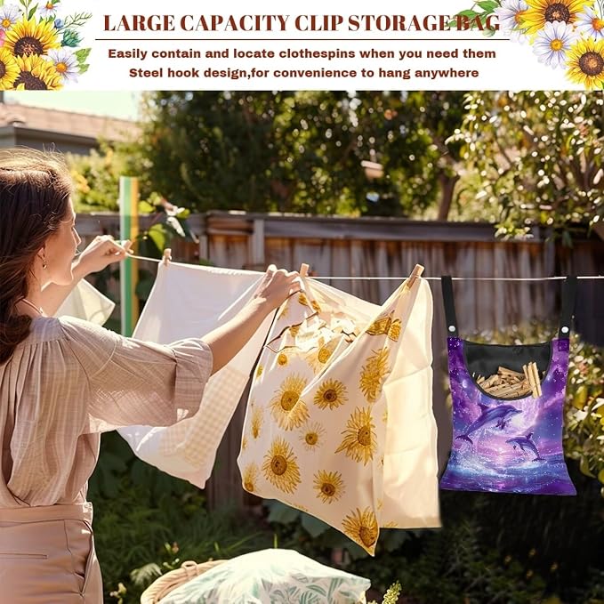 Purple Moonlight Dolphin Print Laundry Clothespin BagHanging Storage Organizer - Image 6