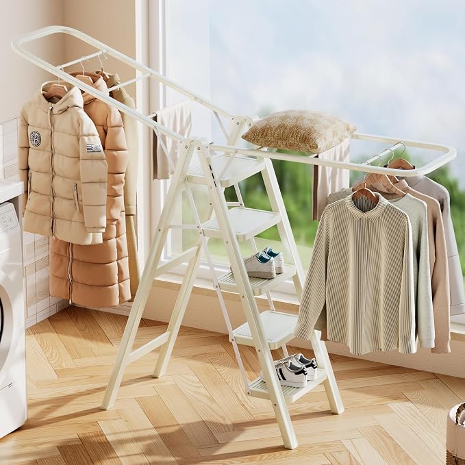 Floor Standing Clothes Drying Rack, 5 Step Folding Ladder, 3-in-1 Collapsible - Image 2