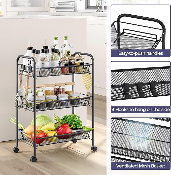 Metal Rolling Utility Cart, 3-Tier Mesh Wire Storage Trolley - Image 3