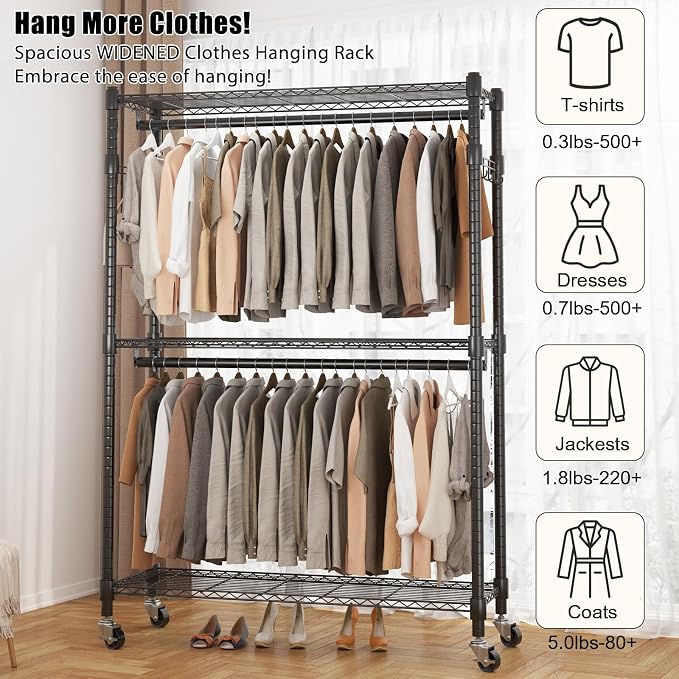 BATHWA Heavy Duty Garment Rack on Wheels, Rolling Clothes Racks - Image 3