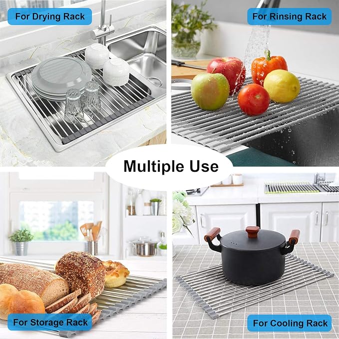 Searik Stainless Steel Over The Sink Dish Drying Rack, Roll Up Foldable Kitchen - Image 5