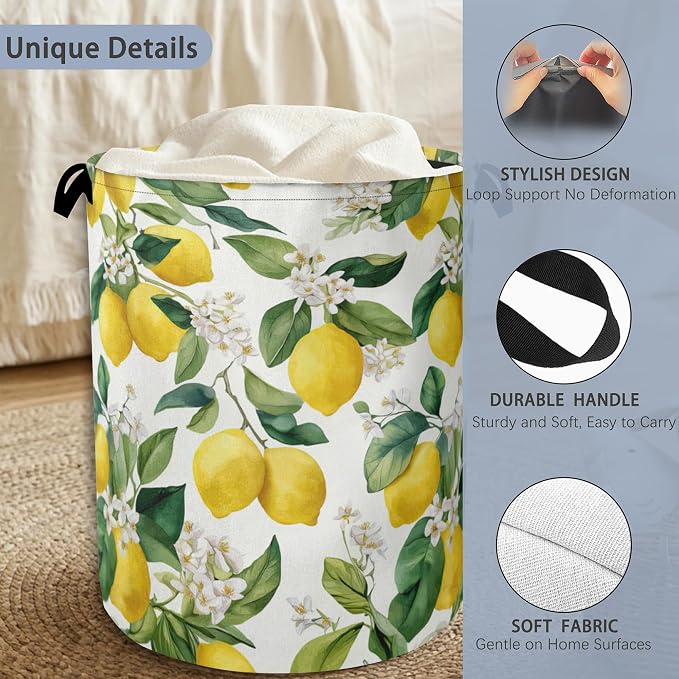 Lemon Laundry Basket, Flower Leaf Foldable Oxford Cloth Tote Bag Laundry Hamper - Image 3