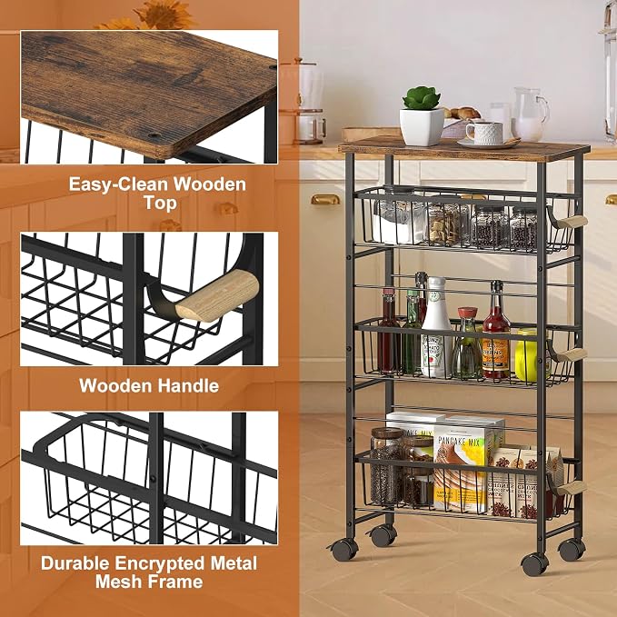 4-Tier Slim Rolling Cart with Pull-Out Baskets & Wooden Top — Narrow Mobile - Image 6