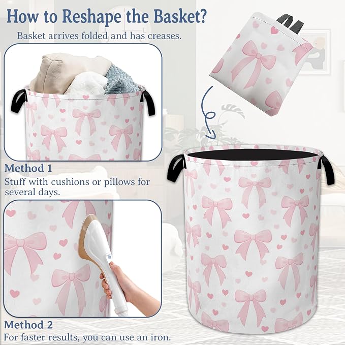 Cute Pink Bow Laundry Basket, Foldable Oxford Cloth Heart Laundry Hamper - Image 6