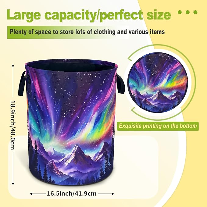 Aurora Mountains Laundry Basket Night Sky Forest Foldable Waterproof Oxford - Image 4