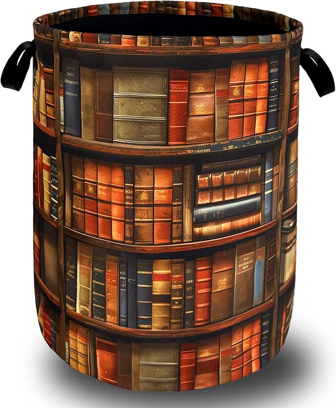 Retro Wooden Bookshelf Pattern Laundry Hamper Books Laundry Basket by SELIONLIKN