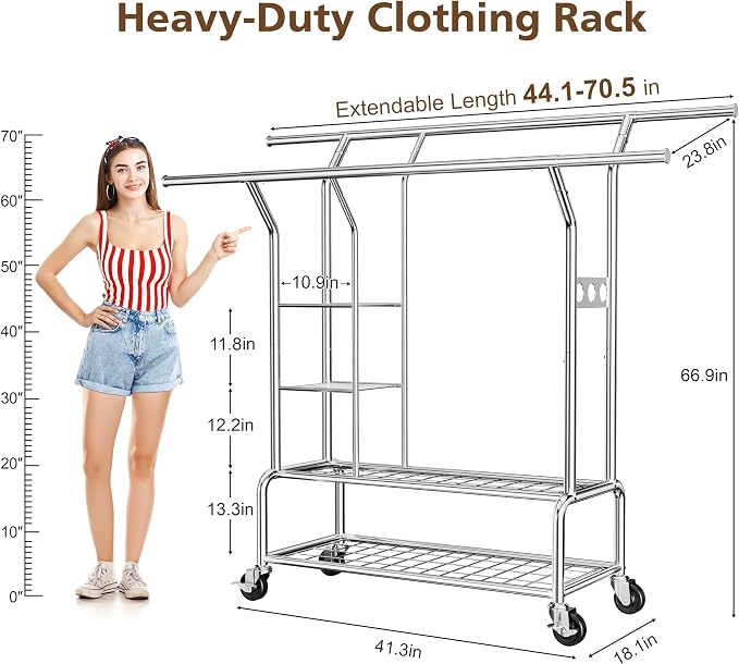 Clothes Rack With Storage Shelf, Heavy Duty Rolling Clothing Rack - Image 6