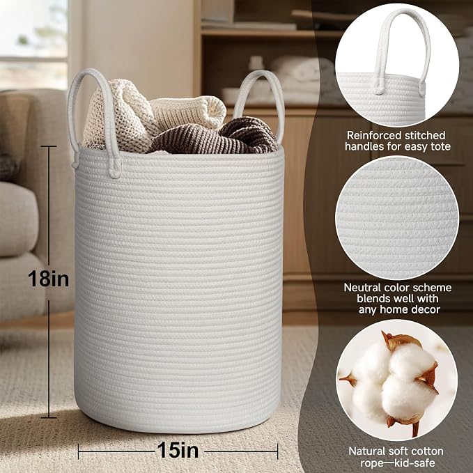 Large White Laundry Basket, XL Cotton Rope Toy Bin - Image 2