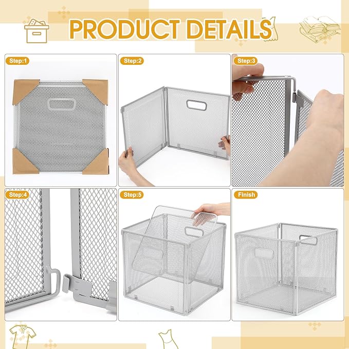 Sawysine 6 Pack Foldable Metal Cube Storage Baskets 13x13in Cube Storage Bins - Image 4