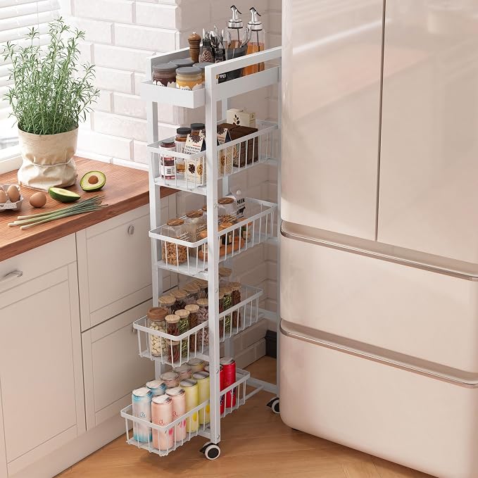 5-Tier Slim Storage Cart with Pull Out Basket, Lockable Wheels, Mobile Utility by Unknown