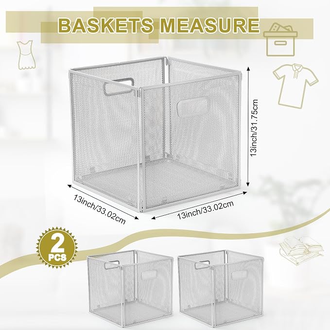 2 Pcs Easter Foldable Metal Cube Storage Baskets 13" x 13" Gray Kitchen Wire - Image 2