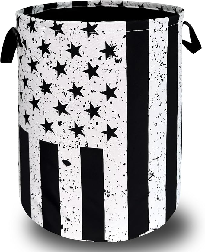 Retro Black and White American Flag Laundry Hamper USA Flag Laundry Basket by SELIONLIKN