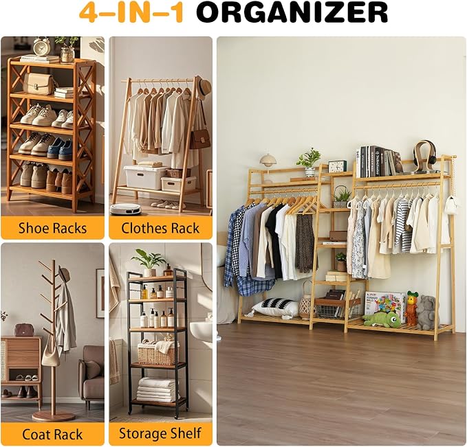 Bamboo Garment Rack 9 Tier Storage Shelf Coat Clothes Hanging Rack, Portable - Image 5