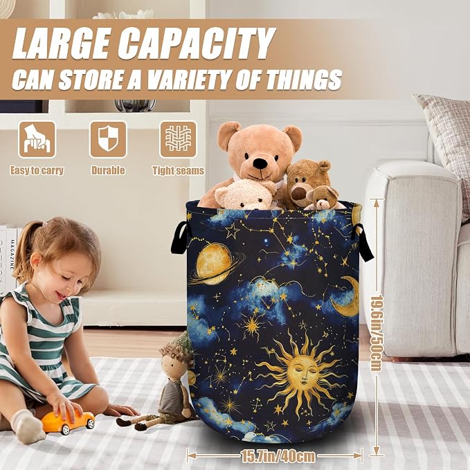 Sun Moon Laundry Basket, Foldable Cloudy Starry Night Laundry Hamper Tote Bag - Image 2