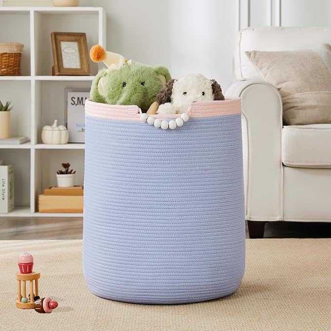 90L Large Blue Woven Rope Laundry Hamper Basket - Image 7