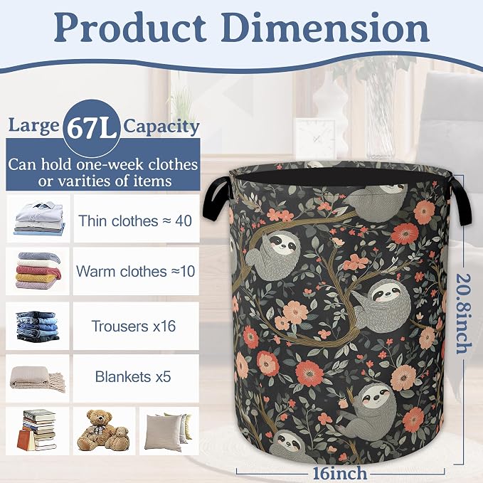 Cute Sloth Laundry Basket, Oxford Cloth Flower Laundry Hamper - Image 2