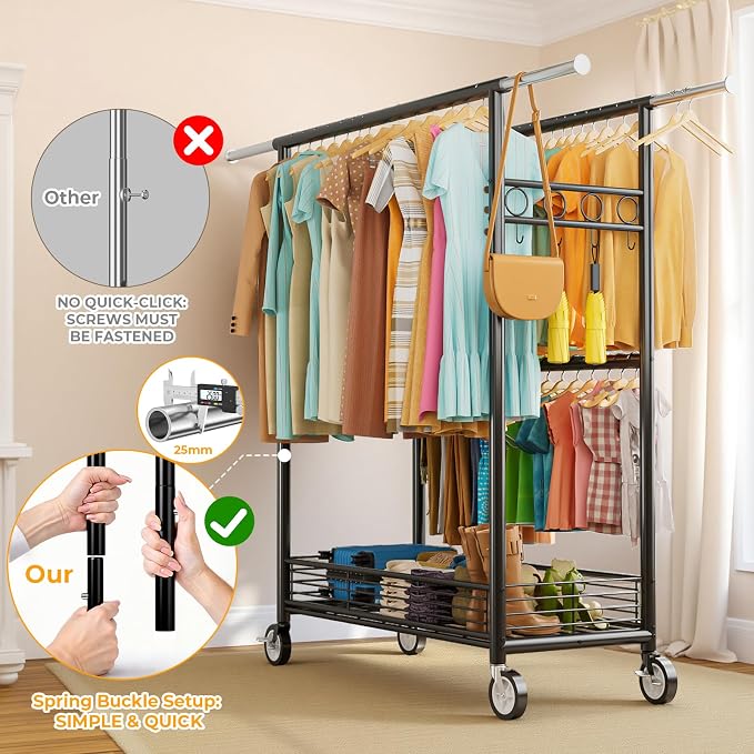 Heavy Duty Clothes Rack Load 960LBS, Three Rods Rolling Clothing Racks - Image 8