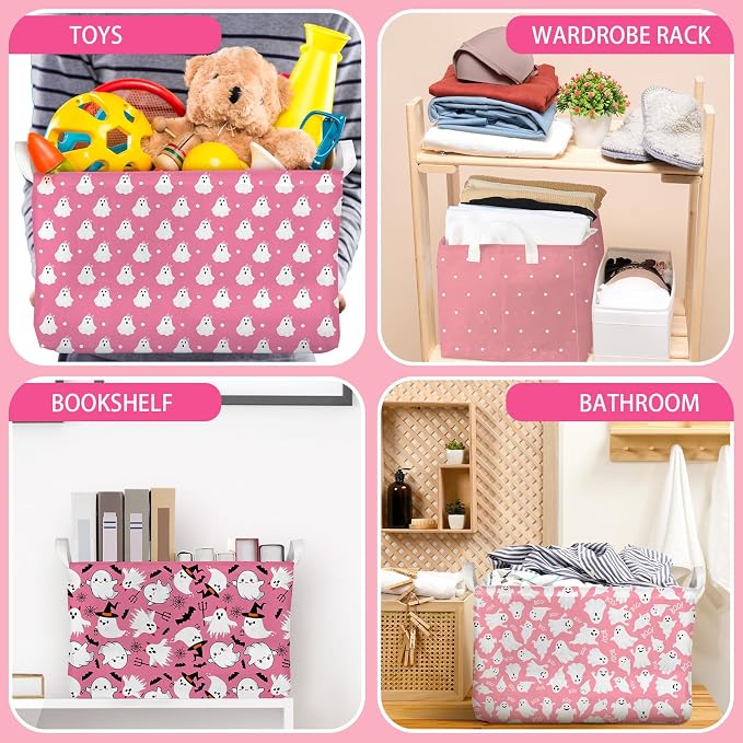 Chunful 4 Pcs Halloween Storage Baskets Pink Ghost Laundry Boo Basket Pink - Image 6