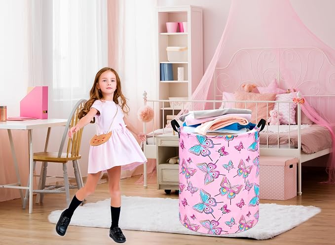 Round Pink Butterfly Laundry Basket Storage Bins Nursery Hamper Gift Baskets - Image 6
