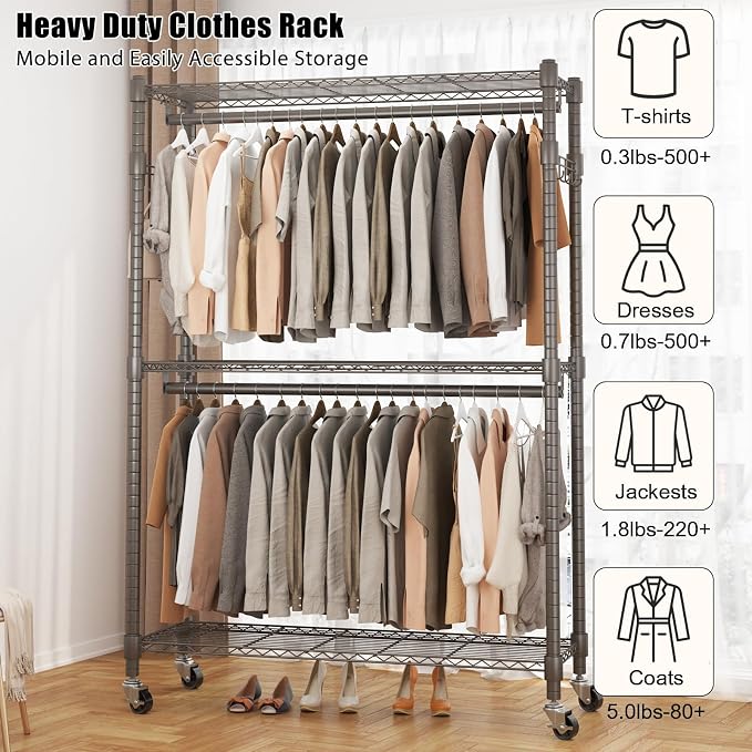 BATHWA Heavy Duty Garment Rack on Wheels, Rolling Clothes Racks - Image 3