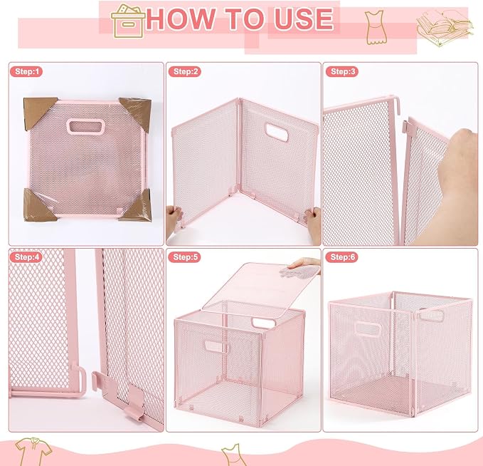 2 Pcs Easter Foldable Metal Cube Storage Baskets 13" x 13" Pink Kitchen Wire - Image 4