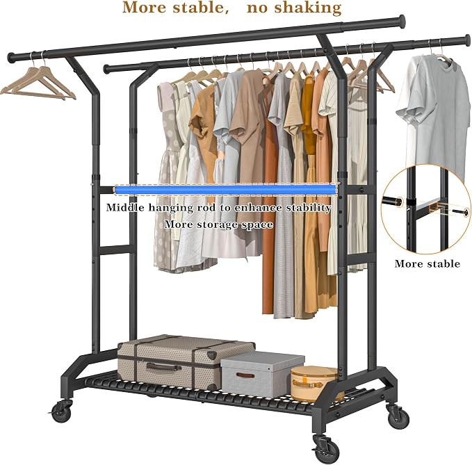 Heavy Duty Clothes Rack Rolling Clothes Rack 3 Rods Clothing Rack 450lbs - Image 3