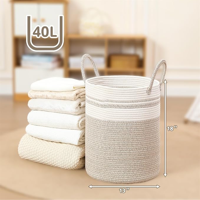 40L Woven Laundry Basket Hamper, 100% Natural Cotton Rope, Handwoven & Durable - Image 2