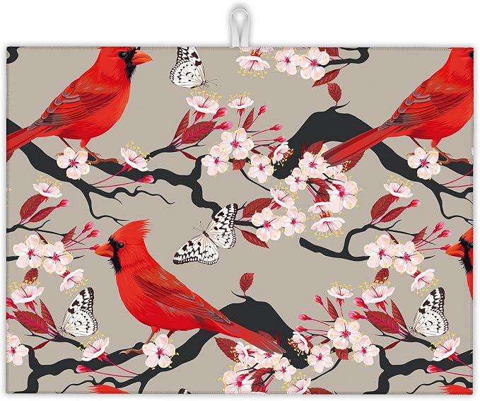 Red Cardinal Bird Dish Drying Mat, Cherry Blossom Drying Rack Pad Countertop by UIUPRO