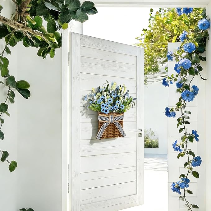 Spring Hanger Basket Wreath for Front Door 15" Blue Daisy Basket Artificial - Image 4