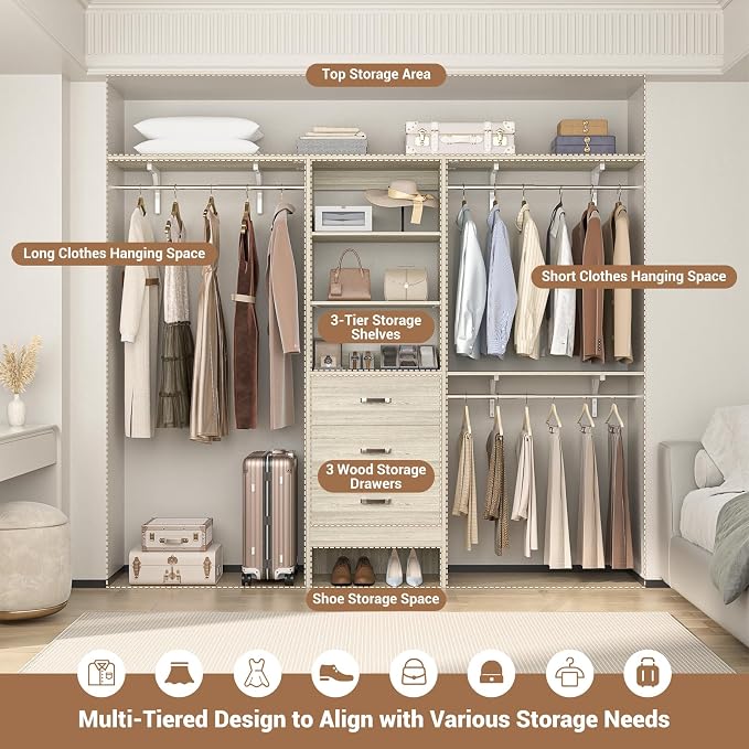 Closet System with Drawer - 8FT Wood Closet Organizer System with 3 Hanging - Image 7