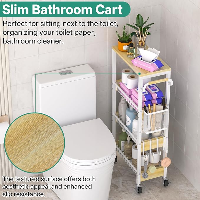 Slim Bathroom Storage Cart, 4 Tier Small Rolling Organizer Cabinet - Image 7
