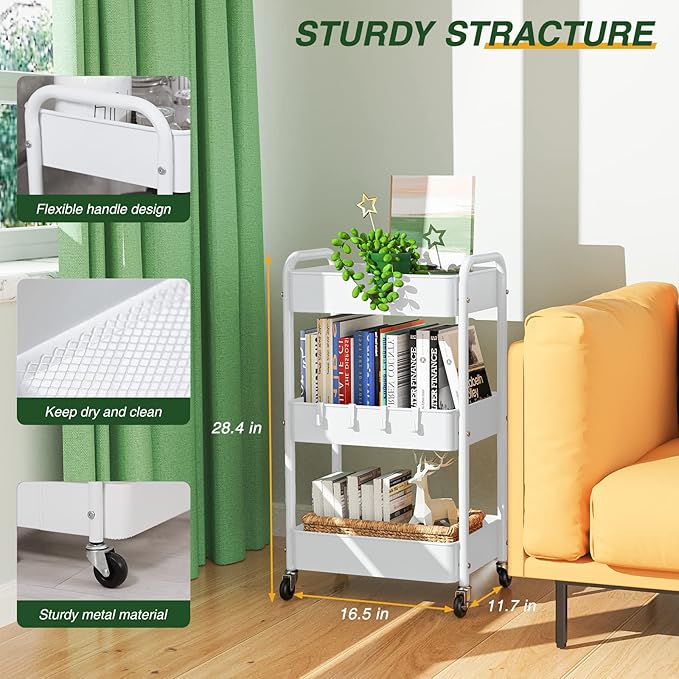LEHOM 3 Tier Rolling Storage Cart, Metal Trolley Utility Cart - Image 3