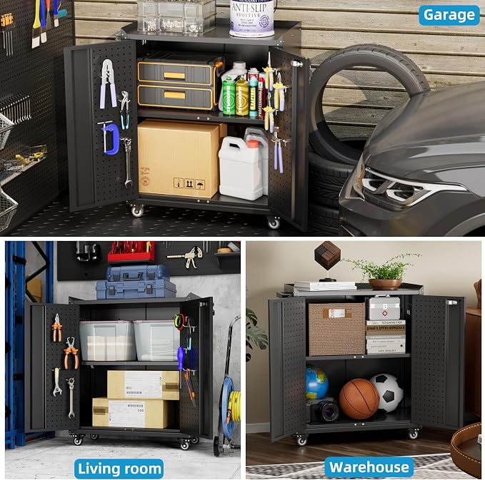 Garage Storage Cabinet with Wheels & Pegboard, 31.5" H Locking Metal Tool - Image 7