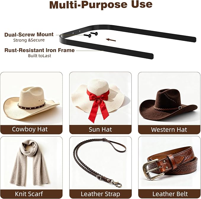 2-Pack Metal Hat Rack for Wall Mount – Space-Saving Cowboy Hat Holder & DIY - Image 2