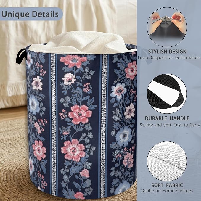 Boho Vintage Flower Laundry Basket, Foldable Oxford Cloth Tote Bag Laundry - Image 3