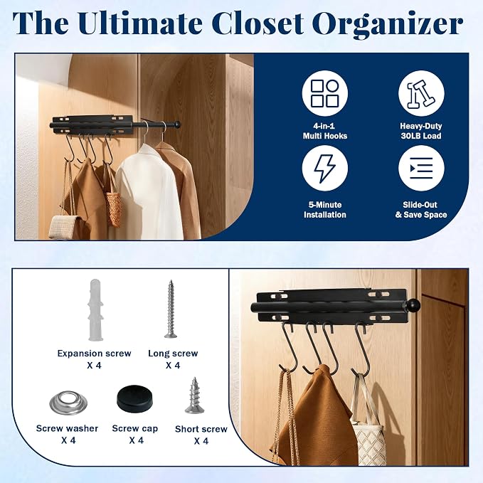 12 Inch Valet Rod for Closet Pull Out, Retractable Carbon Steel Pull Down - Image 2