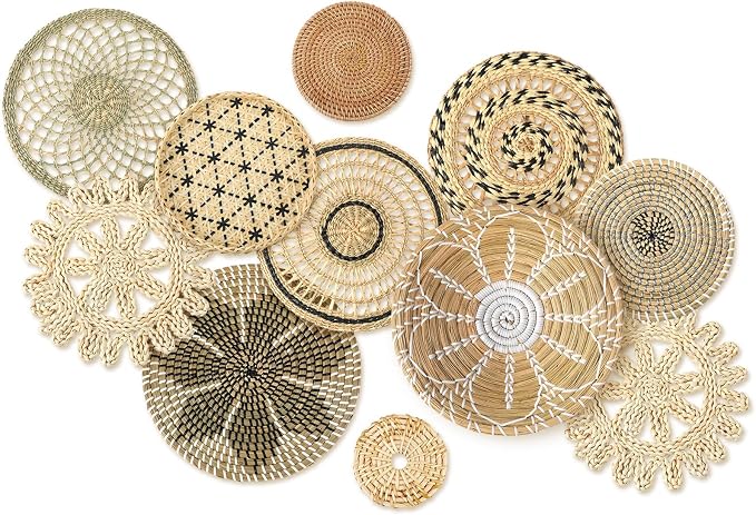 Tatuo 11 Pcs Boho Wall Basket Decor Decorative Bulrush Woven Basket Wall Decor - Image 2
