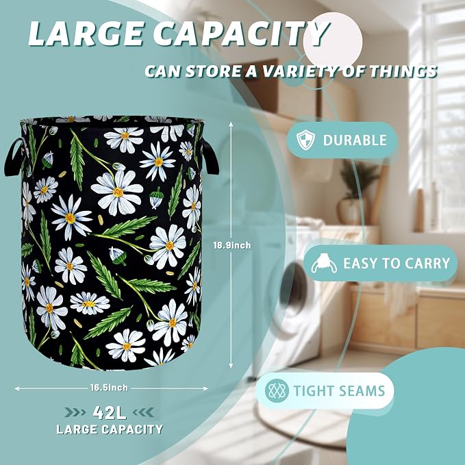 Cute Daisy Flowers Laundry Basket Foldable Oxford Cloth Floral Laundry Hamper - Image 2