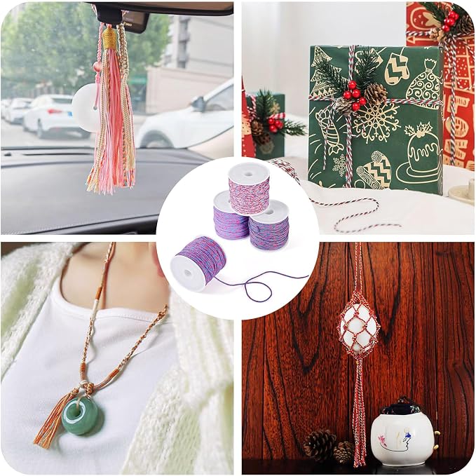 4 Rolls Braided Cotton Cord Purple Thin Macrame Thread 1.2 mm Twisted Beading - Image 2