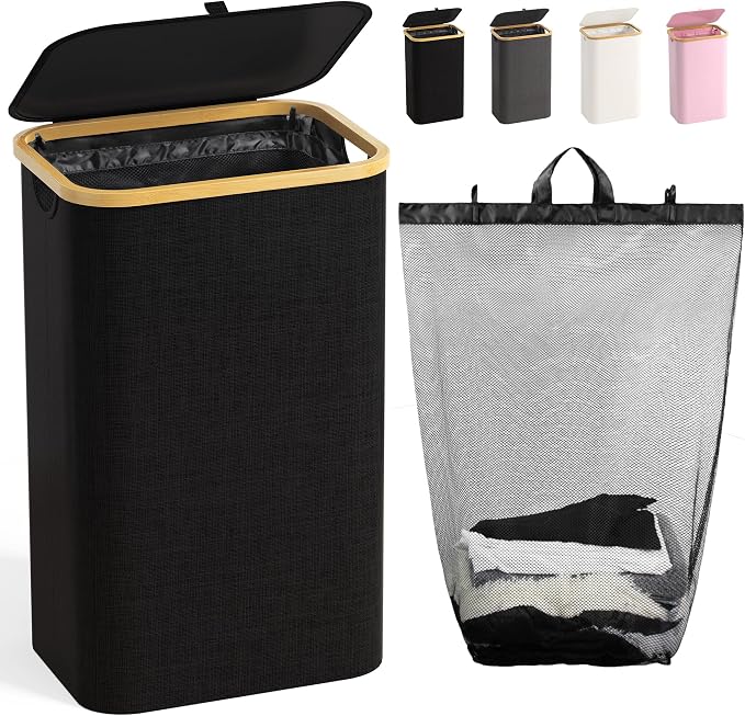 100L Laundry Hamper with Lid, Large Laundry Basket with Bamboo Handles by Bathola