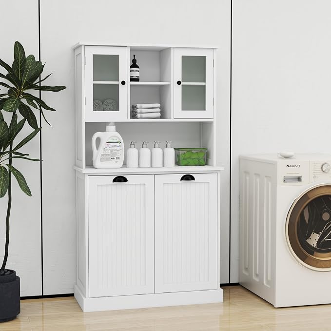 Tall Tilt-Out Double Doors Laundry Cabinet Hamper, Large Pull Out Laundry Room - Image 7