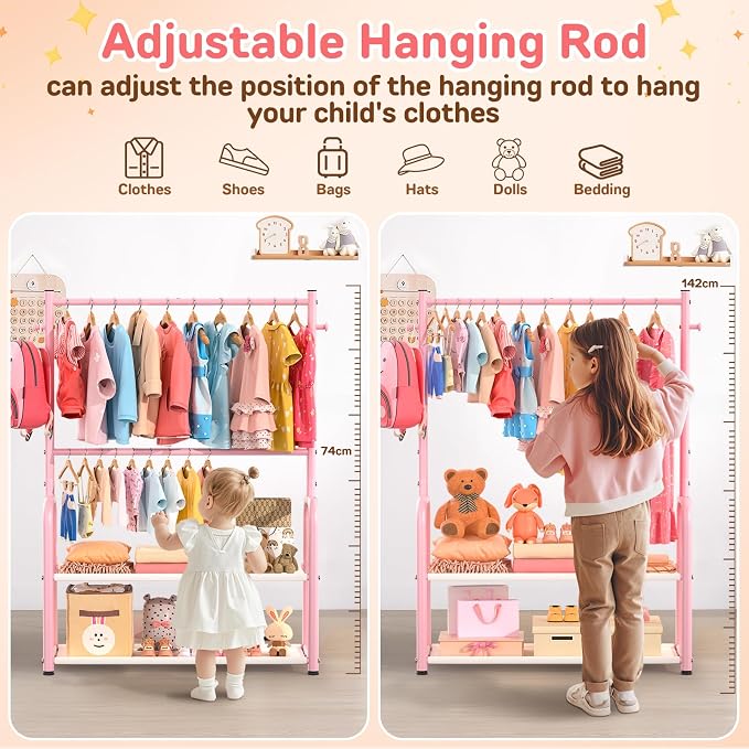 Kids Clothing Rack with 2-Layer Storage Shelf and 2 Adjustable Hanging Rods - Image 4