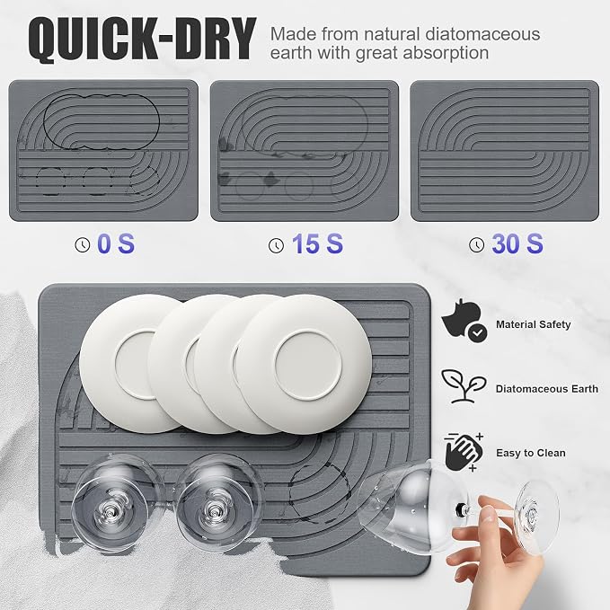 2-Pack Stone Dish Drying Mat for Kitchen Counter, Diatomaceous Earth Drying Mat - Image 3
