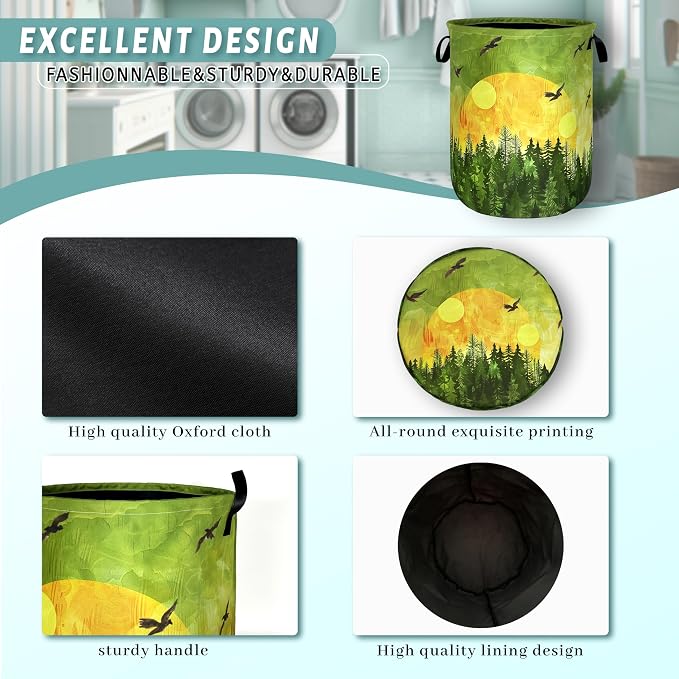 Watercolor Sunset Laundry Basket Foldable Forest Laundry Hamper Oxford Cloth - Image 4
