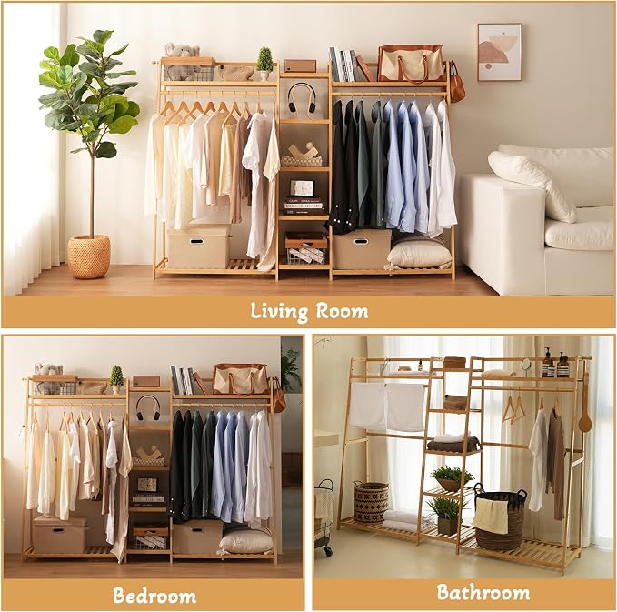 Bamboo Garment Rack 9 Tier Storage Shelf Coat Clothes Hanging Rack, Portable - Image 8