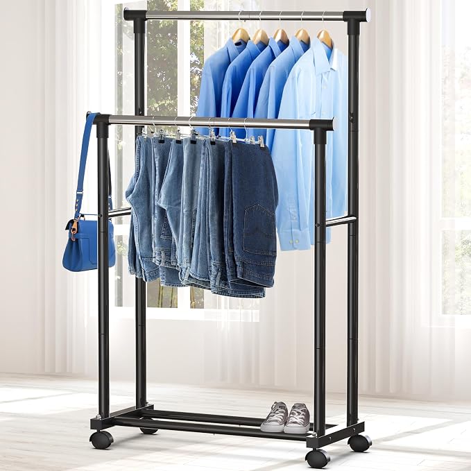 Simple Houseware Double Rod Portable Clothing Hanging Garment Rack - Image 4