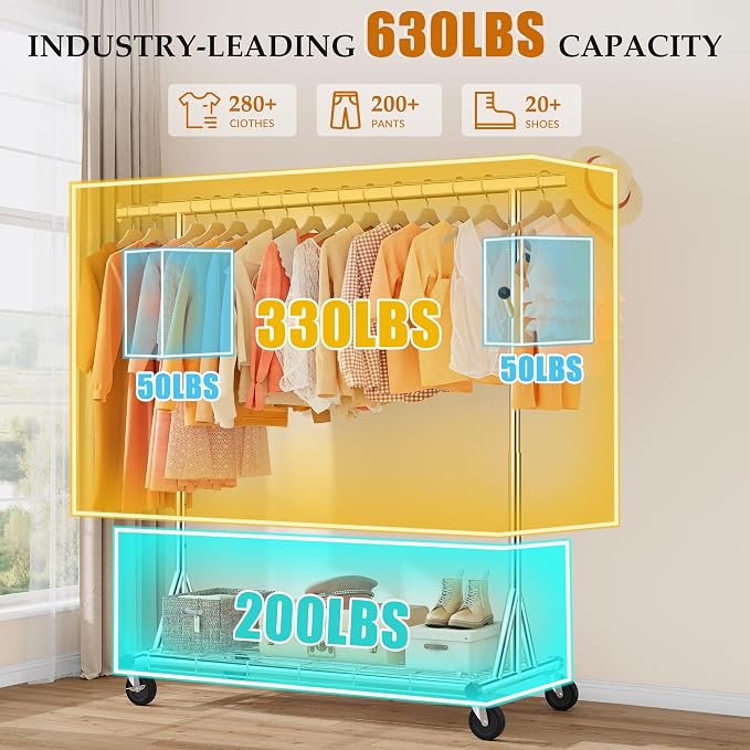 Heavy Duty Clothes Rack Load 630 lbs, Metal Rolling Clothing Rack - Image 2