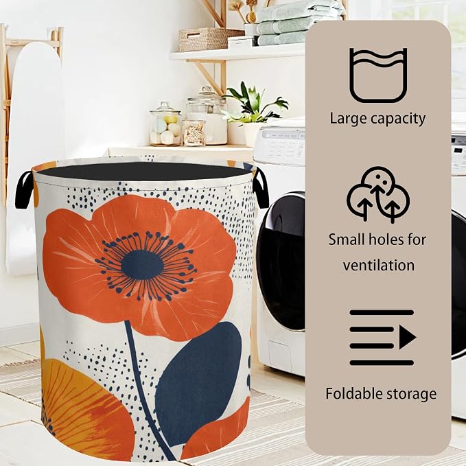 Modern Minimalist Red Flowers Foldable Canvas Laundry Basket - Image 7