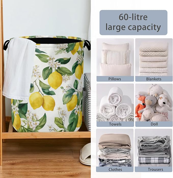 Lemon Laundry Basket, Flower Leaf Foldable Oxford Cloth Tote Bag Laundry Hamper - Image 6