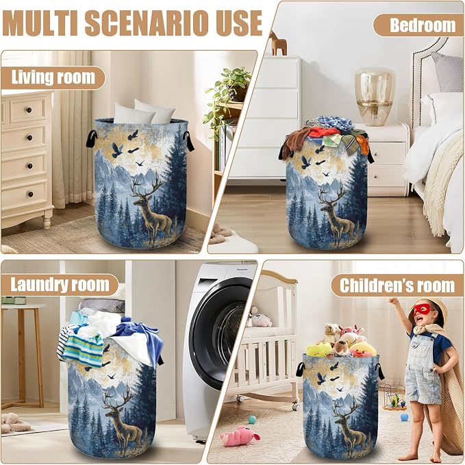 Misty Forest Deer Laundry Basket, Foldable Waterproof Laundry Hamper Tote Bag - Image 7